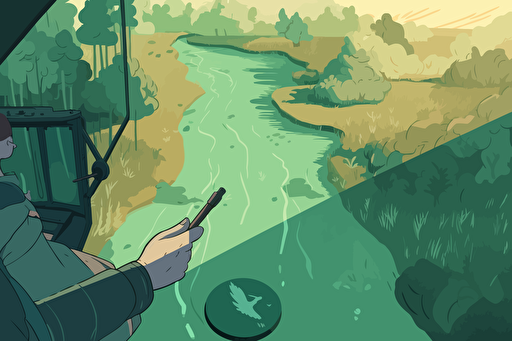 vector illustration in first-person perspective (POV) showing the hands of a person holding a field guide to birds while riding in a green water pipe that transports water to a mine near a forest. The view from above shows the vast emptiness below, with lots of grass and trees. The person is dressed as a forest ranger. Use a limited color palette and include fine details.