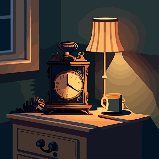 illustrated scene of a nightstand with an alarm clock. Vector. Moody. Detailed. Contrasting shadows. Modern**
