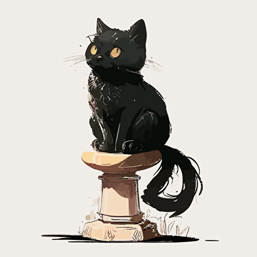 hand drawn cartoon, black, cute female cat sitting on a pedestal, white background, vector, High definition