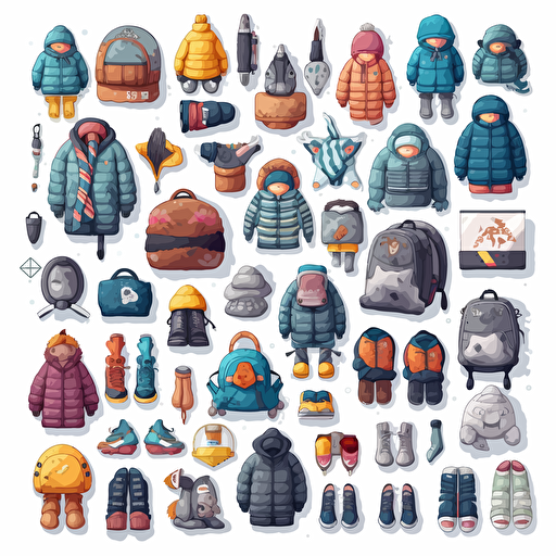 A set of 50 different gloves, beanies, hats, caps, shoes, pants, jackets, backpacks and duffelbags for kids age between 3-7, vector art by Martina Krupičková, behance contest winner, postminimalism, digital illustration, flat shading, 2d game art.