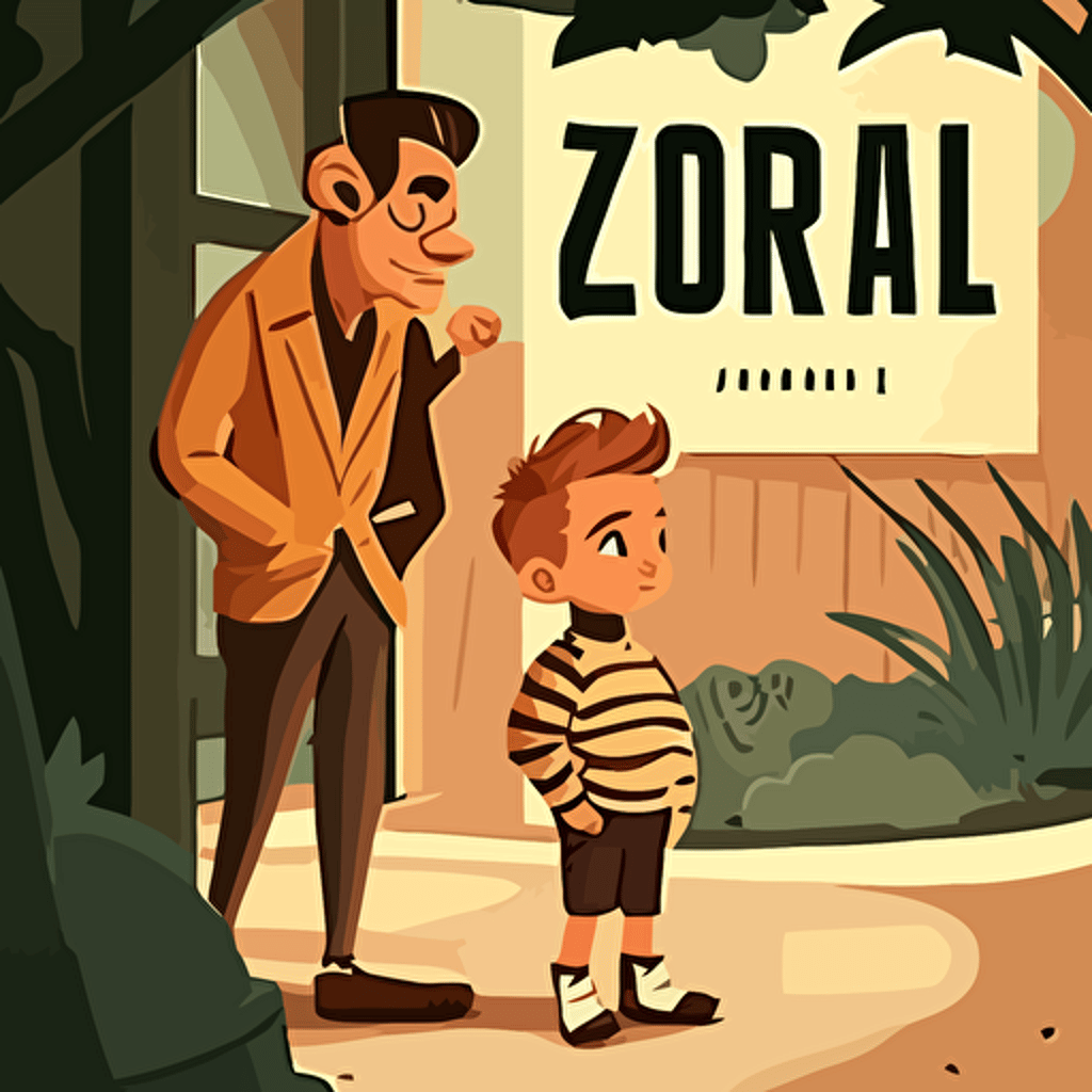 little boy visiting zoo with his father, zoomed out, modern clothes, children's book cover, 2d, cartoon style, vector, disney style