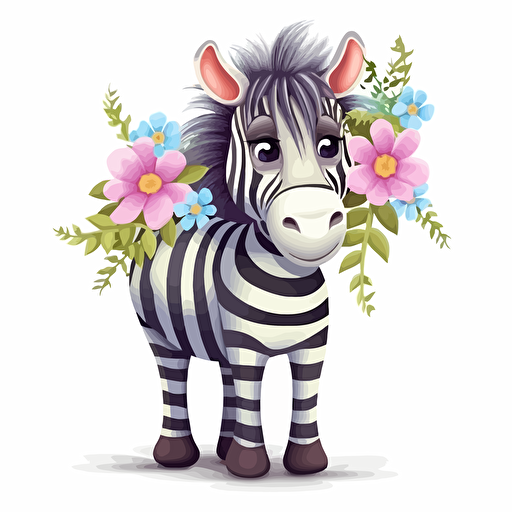 zebra with flowers, detailed, cartoon style, 2d clipart vector, creative and imaginative, hd, white background