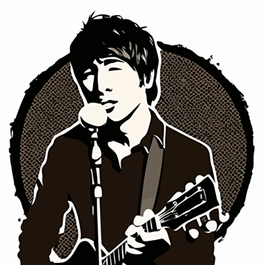 musician short hair, holding guitar, mic, person in logo, vector style, white background