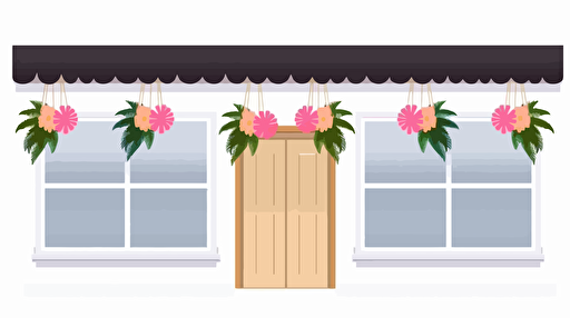 a simple and modern Hawaiian Tropical Flower shop facade, white wall with hanging Leis, thin window frame, flat color, vector illustration, simple, white background