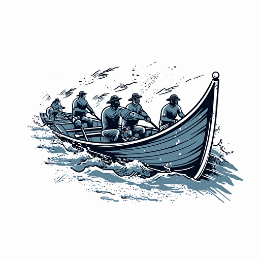 a fishing rowing boat race in the water with speed look, cartoon, blue color, white background, vector