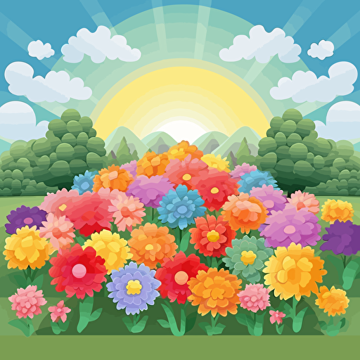 a garden full of different color flowers. The sun and clouds in the sky. Trees in the distance. Vector illustration.