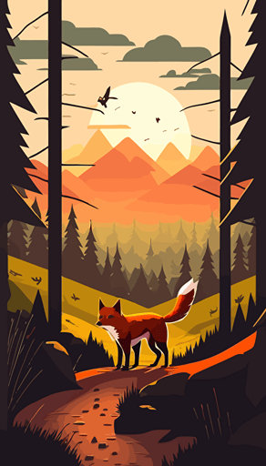 a fox kit on forest trail. Forest, mountain line, sunset. Cute, happy, vector, game design.