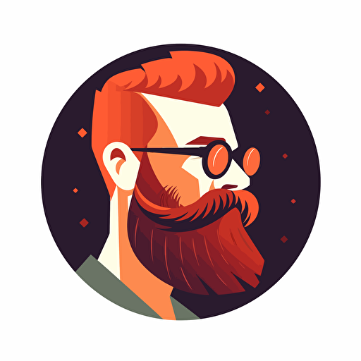 a vectorized logo of a man with glasses, with very short receding hair, with a outlined 5-day red beard looking to the right side, rounded