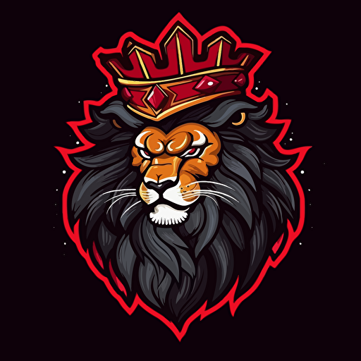 commander lion wearing a crown, gaming logo, vector logo, minimalistic, modern, mascot, red and black colors, no background