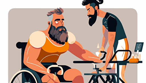 bearded handsome physical therapist working with cycling athlete, genndy tartakovsky artstyle, Hayao Miyazaki, 2d flat vector art,