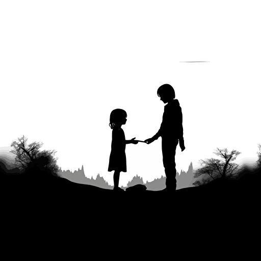 silhouette of a child and female holding hands faceing away. Simple, vector clean black and white.