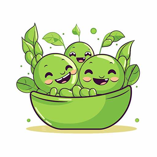 Cartoon vector style image of peas in a peapod that have a cute smile. White background.