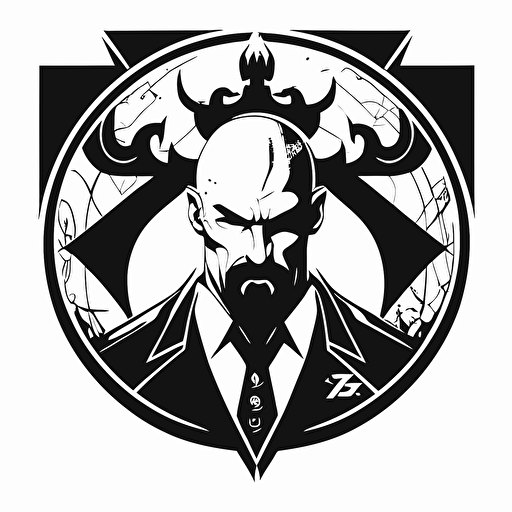 Retro futuristic iconic logo of viking corporate exorcist, big mustache, no hair, bald, black vector, on white background