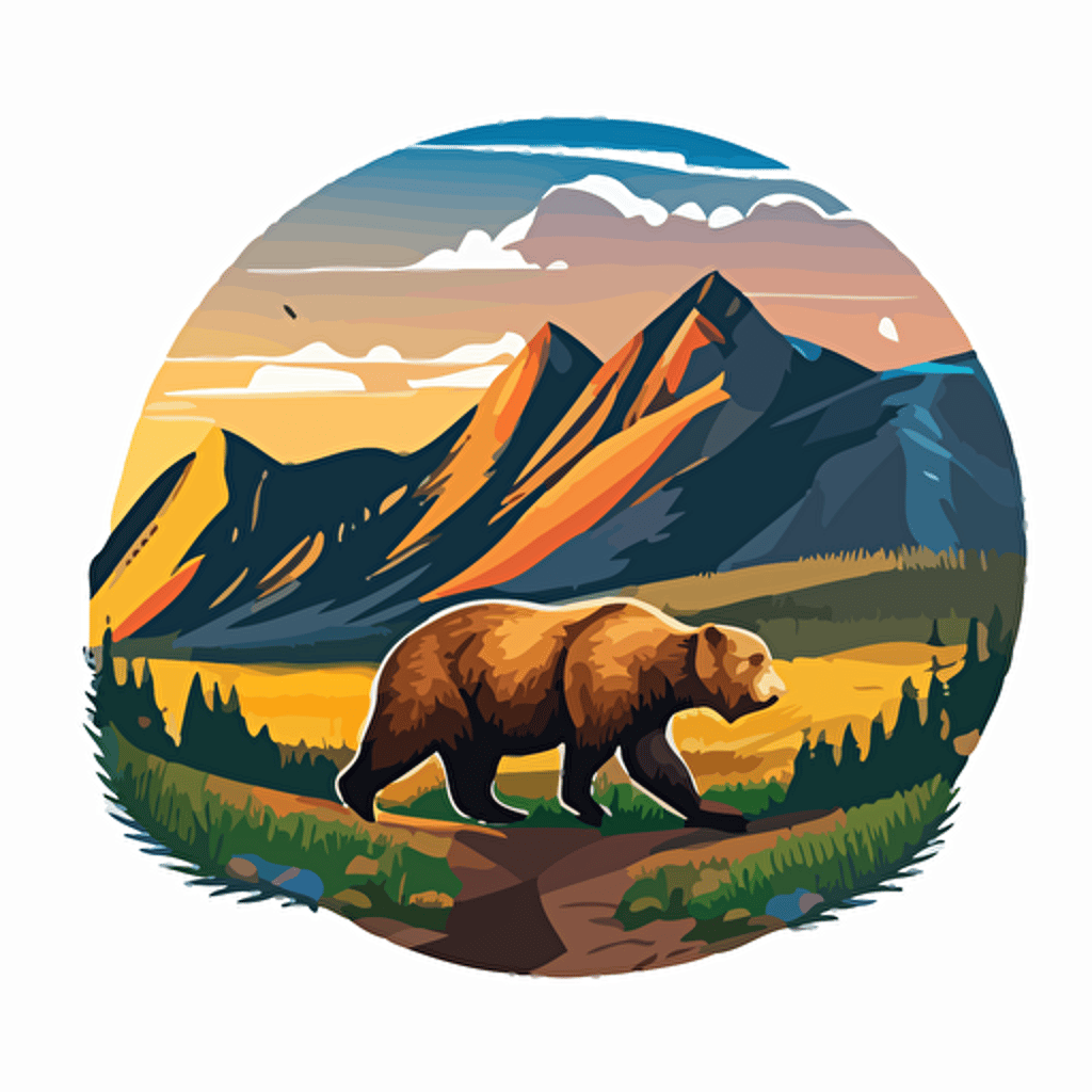 A coin emblem with a Bear in an action pose, dynamic, fast pace action:: background of mountains, color, vector, ar 5:3, c 100