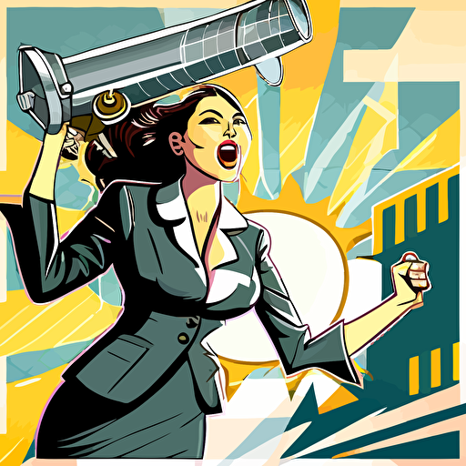 business women success, dated vector illustration, protest, solar panels, megaphones