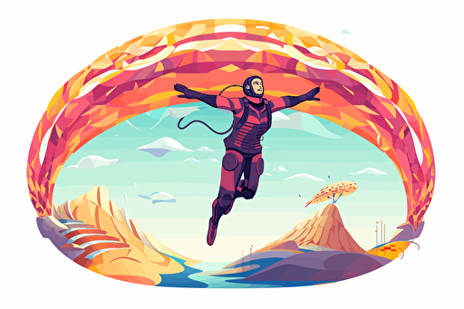 vector. fantastical humanoid man with whale clothing, skydiving in a beautiful landscape. with no text, closed shape. white background