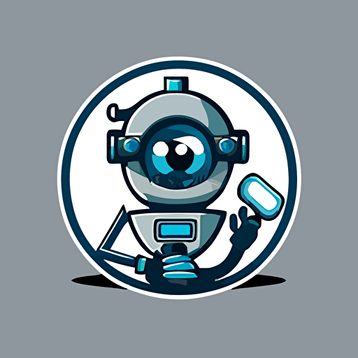 a mascot logo of a robot under a magnifying glass, simple, blue and dark gray, cartoony, vector