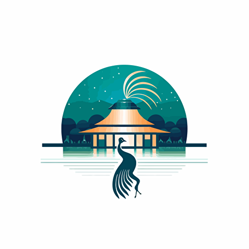 minimalist abstract vector simple logo symbolic pictorial logo, low detail, luxury cabanas, cabanas are close to the top of a hill, the hill is next to a lake, there is a peacock in the roof of the cabana