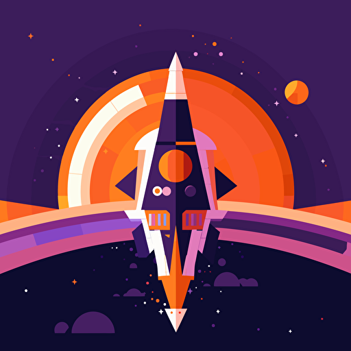spaceship warping into another universe, 2D, vector, flat art, fedex purple and orange