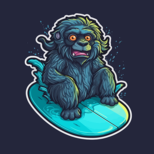 a howler monkey riding a surfboard, Sticker, Cute, Neon, Gothic, Contour, Vector, Big Blue Wave in Background, Detailed