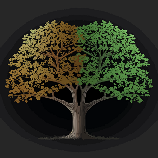 five color symbol of two different Oak trees, side by side, it has to be asymmetric, simple, elegant, green color palette, on a dark gray #444654 background, design is vector style,