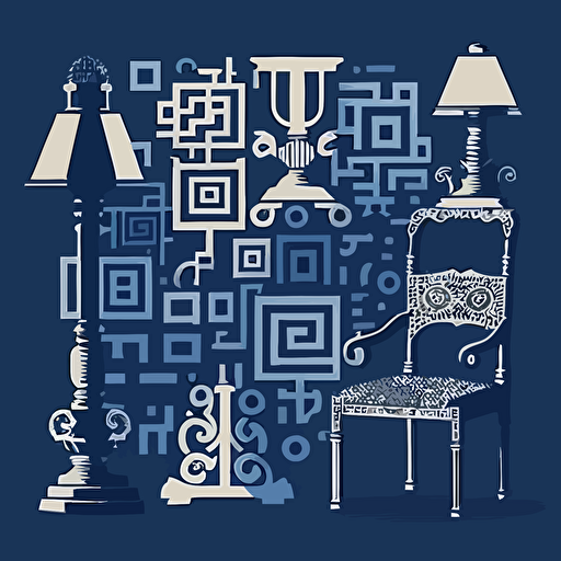 Create a vector illustration of a QR code using silhouettes of old-fashioned and antique objects, rendered in a minimalistic style with dark blue and black tones. Utilize geometric flat vectors to create a clean and iconic composition, with objects such as lamps, doors, chairs, kettles, and toys forming the QR code in a visually intriguing way. No shades, no gradients.