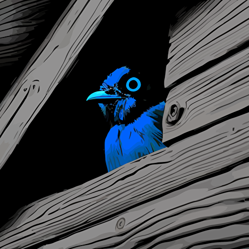 a large dale morphed into a birdhouse, apus apus perched on the lens looking down at the camera, vector image, simple, three color, blue, black, white
