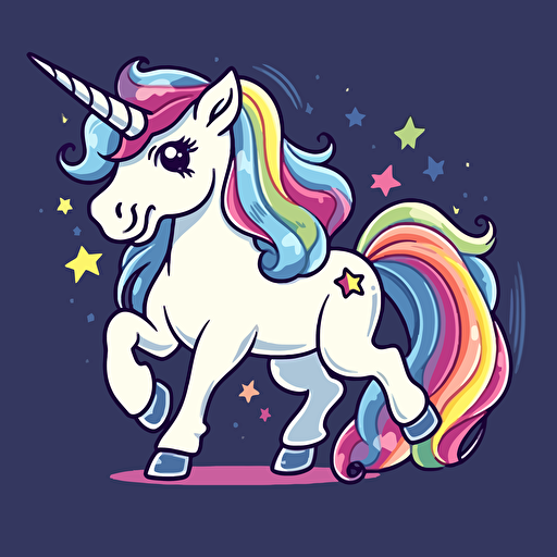 A whimsical cartoon unicorn and rainbow, showcasing a magical unicorn prancing in front of a bright and colorful rainbow, vector illustration,