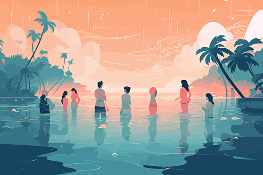 Flat vector-style :: A group of people at a beach :: The beach is filled with blue and magenta jellyfish floating in the water :: The shot is from a low angle, looking up at the group of people standing in the water and surrounded by jellyfish ::