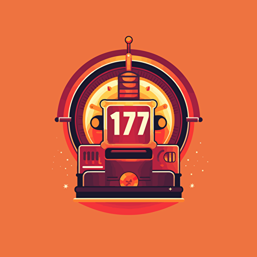flat vector logo of circle with old classic slot machine with reels displaying 777, red orange gradient, simple minimal