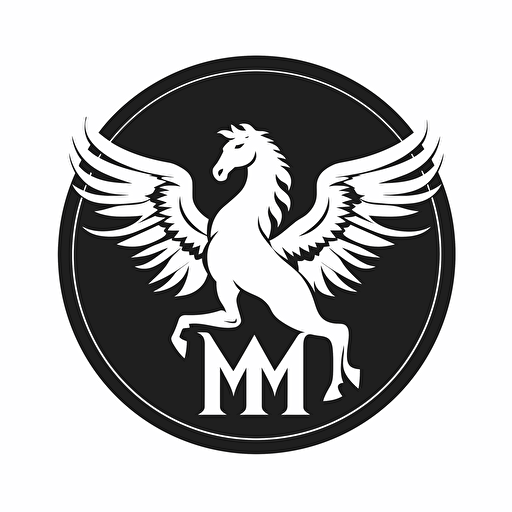 Vector image of M and Pegasus, logo art, brand logo, black and white, no background,