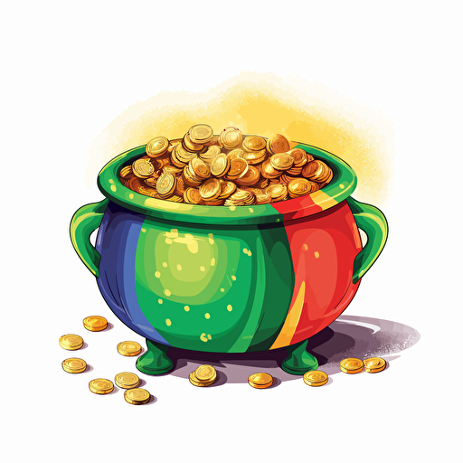 pot of gold, rainbow, detailed, cartoon style, 2d clipart vector, creative and imaginative, hd, white background