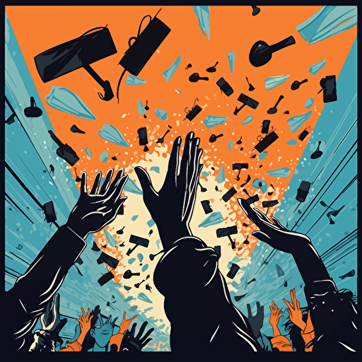 a vector image of black hands tossing graduation caps into the sky, blue and orange and dark gray, graffiti style