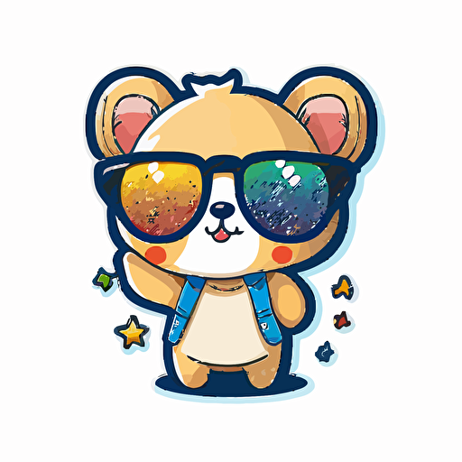 Kawaii cute happy animal wearing sunglasses, professional Sticker Design vector, contur white background