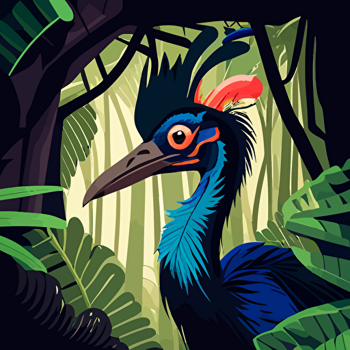 vector style cartoon cassowary and rainforest