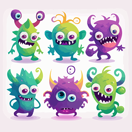 Cute green and purple monster, vector style, multiple poses and expressions, white background