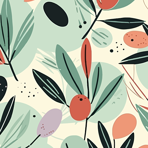 Olives and olive plant in minimalistic style, fabric print in vibrant christmas themed colors vector pattern light mint color background