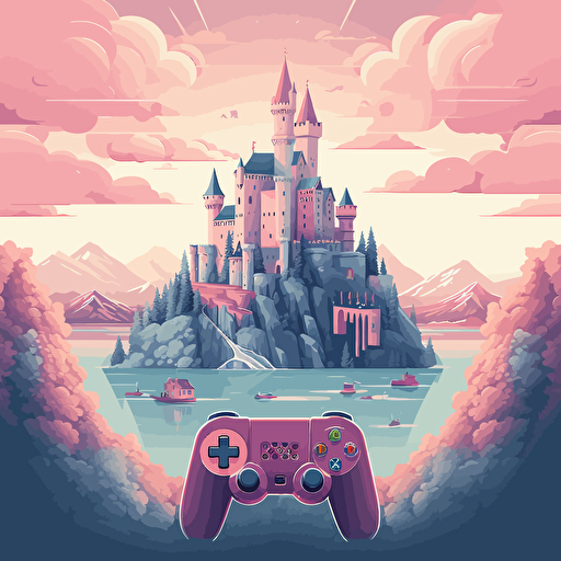 Flat vector art illustration | travel poster featuring | The Neuschwanstein Castle built with playstation, xbox, and pc | Pastel blues, purples, and pinks | Wide Angle | no text |