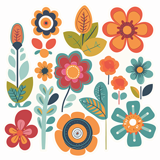 sticker design, 70s retro flowers sticker designs, flat vector, made in illustrator, high quality, transparent white background