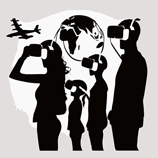 silhouette of a family over looking a new world with VR headsets on, white background, vectorized