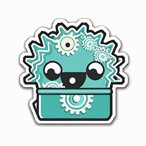 die-cut sticker, cute kawaii megalomaniac grinding gears sticker, white background, illustration minimalism, vector, oceanic tones.