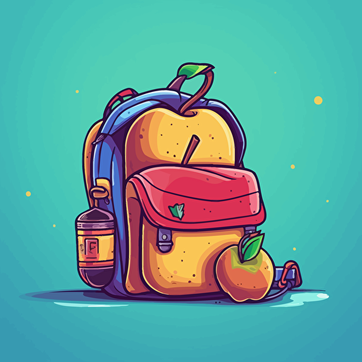 an illustration of an apple next to a backpack, stylized, vector art style, back to school style, happy colors