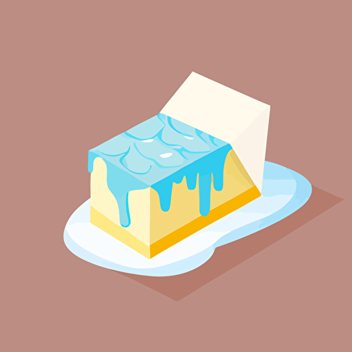 A white mail envelope encased within a block of ice. This block of ice is resting on a table and melting very slightly. flat style illustration for business ideas, flat design vector, industrial, light color pallet using a limited color pallet, high resolution, engineering/ construction and design, colored cartoon style, light indigo and light gold, cad( computer aided design) , white background