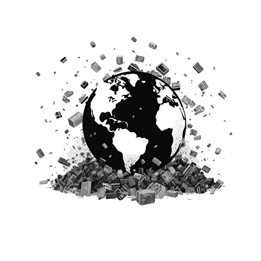 minimalist iconic logo of globe in a messy pile of money. black vector. white background.