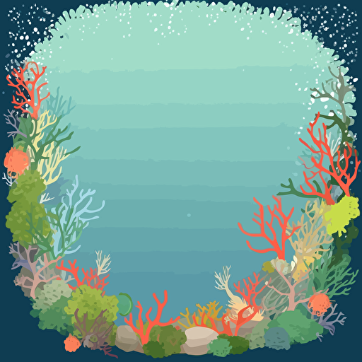 background scene, clip-art, vector, colorful coral and seaweed, ocean floor top-view