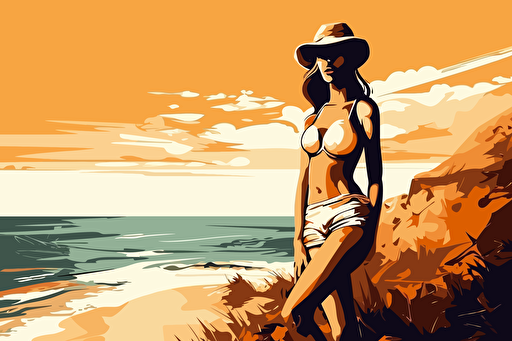 Beautiful brunette posing on the beach near the sea, vector