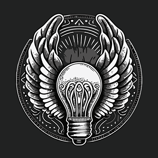 light bulb with wings, vector art, coin design, logo, simple, perimeter has circuitry