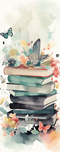 watercolor vector art, pastel colors, abstract, pretty books, butterflies, flowers, plants,