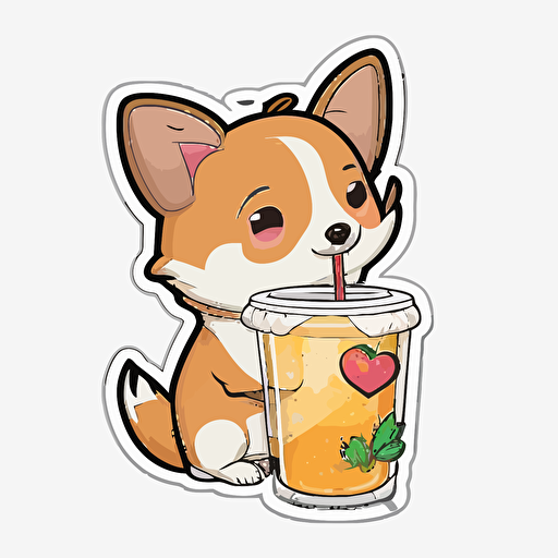 cartoon chibi corgi drinking a smoothie, vectorized, white background, sticker