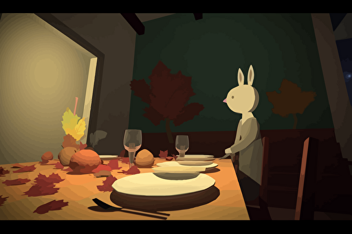 shot on Afga Vista 400, dinner with parents, dinner with all family, warm autumnal colors, non-blurred, sharp, walls decorated with rabbit and moon vectorial minimal contemporary symbols colors